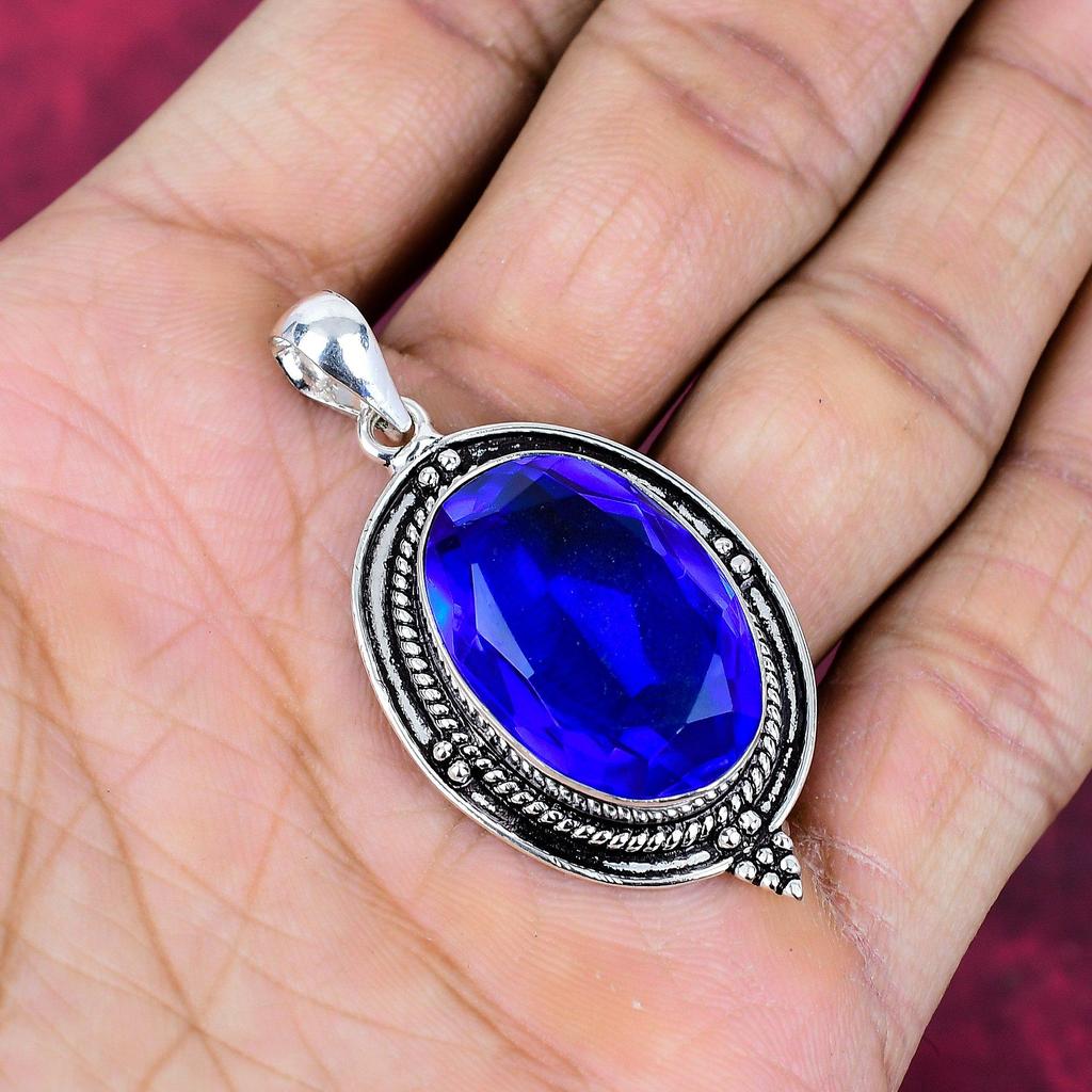 Blue Topaz Pendant, 925 Solid Sterling Silver Gemstone Jewelry, Handmade Pendant, For Thanksgiving