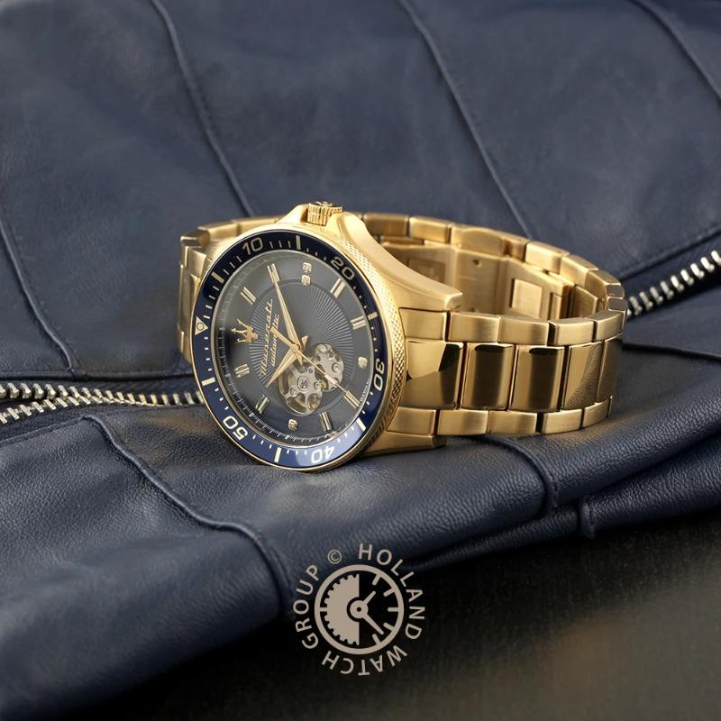 Maserati Orologio Automatico da Uomo Sfida in Pelle Blu Cuore Aperto R8823140004