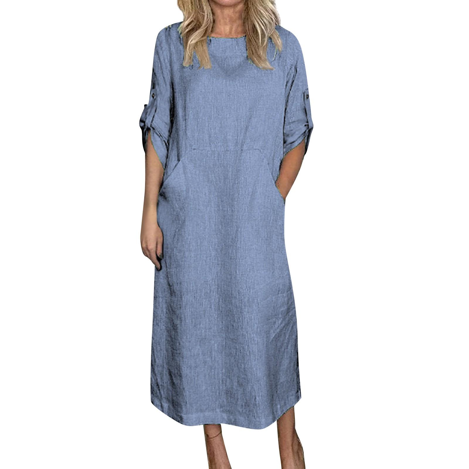 

Women s Cotton And Linen Color Casual Round Neck Double Side Pockets 3/4 Sleeve Long Dress XXL
