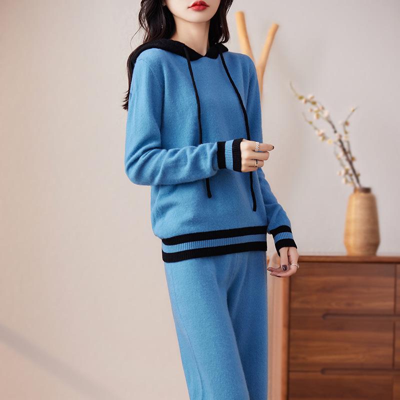 Women's Casual Color Block Hooded Wool Knit Sweatshirt & Long Pants Set - New Autumn Slimming Versatile Two-Piece