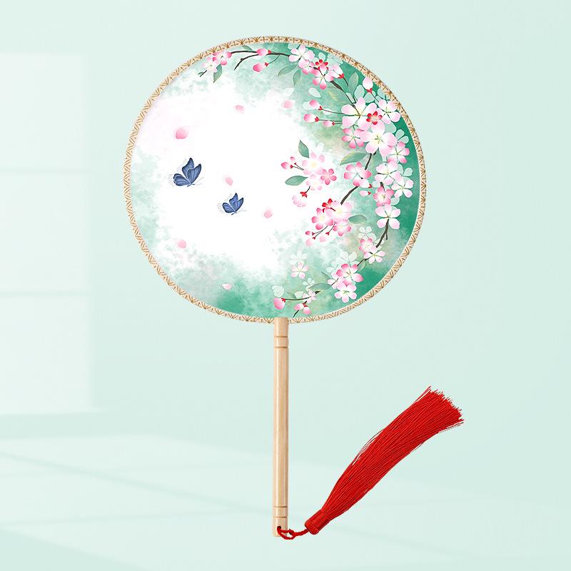 Girls' Summer Hanfu Dance Fan: Long Handle, Double-Sided Embroidered Round Fan for Traditional Costume