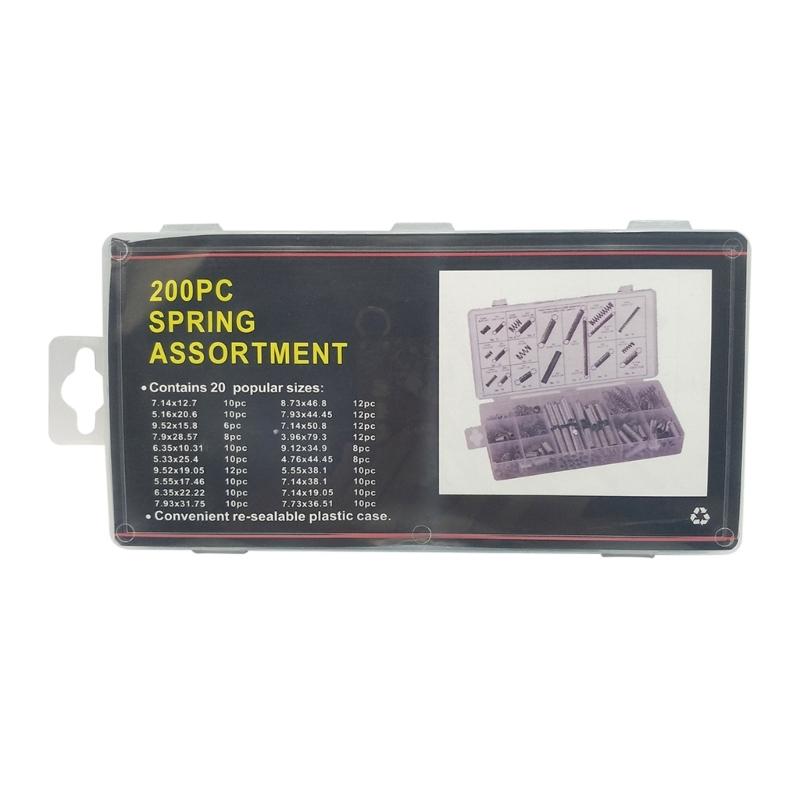 Fjädersortimentset, 200 delar, förlängnings- och kompressionsfjädersats, mekanisk kompressionsfjäder, olika storlekar