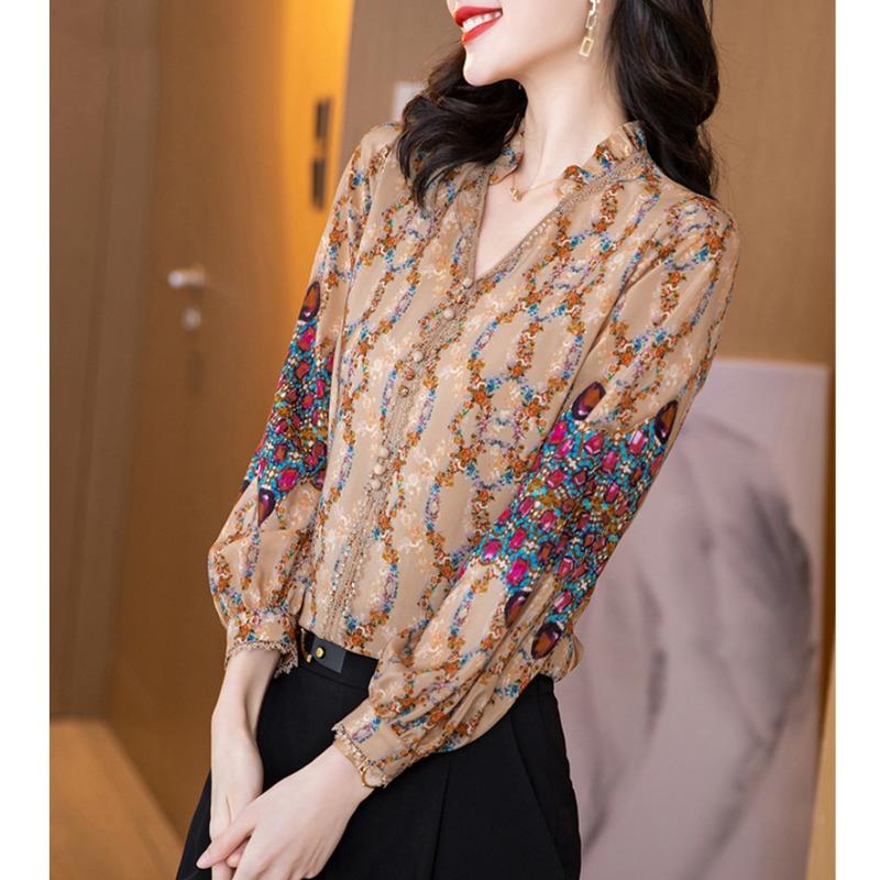 Women Stylish Floral Print Ruffle V Neck Blouse Elegant Chic Sequins Lace Patchwork Chiffon Shirt Casual Long Sleeve Loose Tops