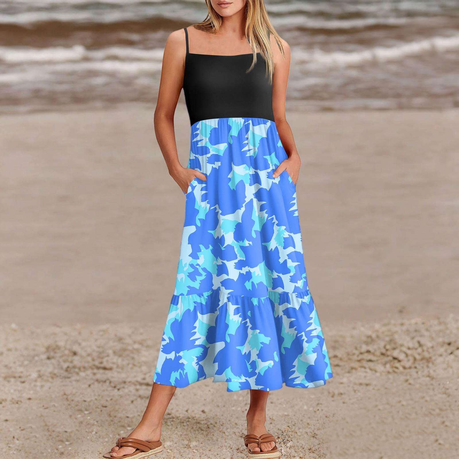 

Женские летние платья на тонких бретельках в стиле пэчворк для пляжного отдыха с цветочным принтом и карманами M