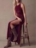 2026 Women's Solid Color Velvet High Slit Bodycon Dress - European and American Summer Fashion