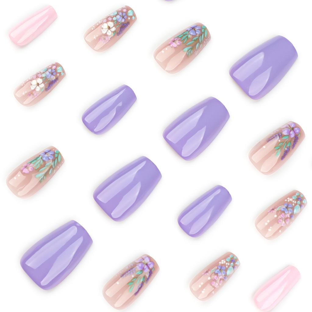 Pcs Artificial 24 Purple Nail Short Ballerina Full Cover False Nail Glossy Stick On Nail 3d Flowers Press On Nail