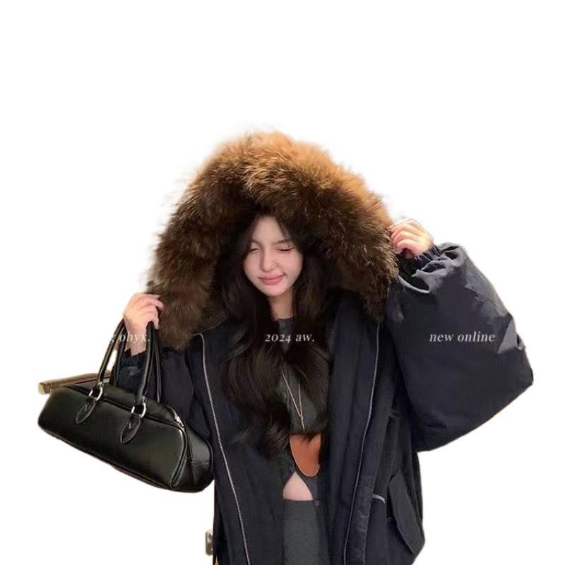 Retro fur collar hooded cotton jacket women's clothing winter new horn buckle thickened warm cotton coat