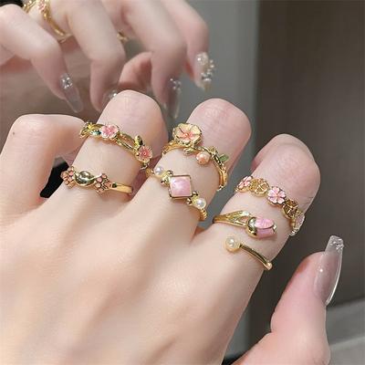 Medieval Enamel Peach Blossom Opening Ring Flower Light Luxury High Sense Niche Design Sense Fashion Retro Gold Ring