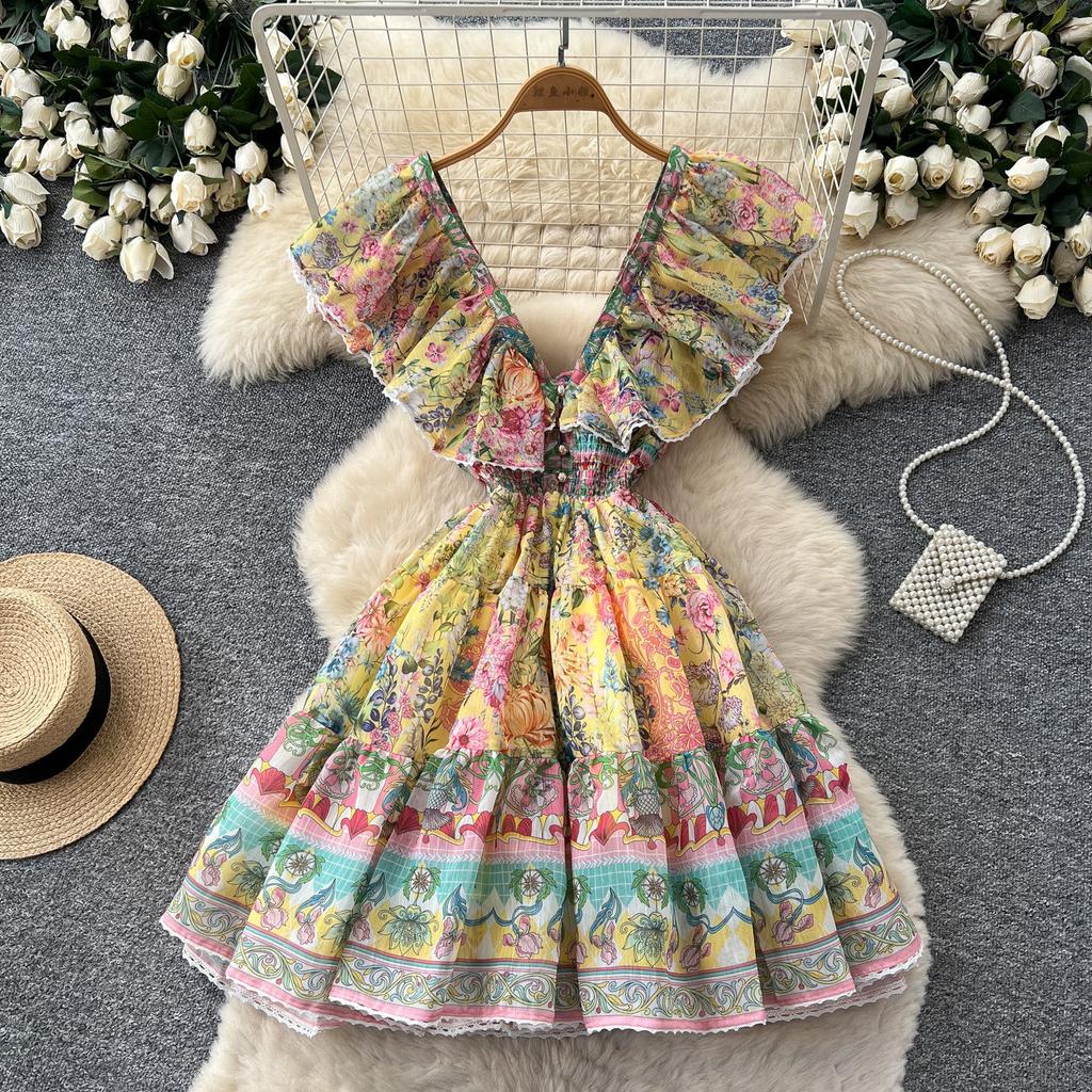 French holiday style V-neck lotus leaf sleeve floral dress female summer princess style thin waist A-word short skirt