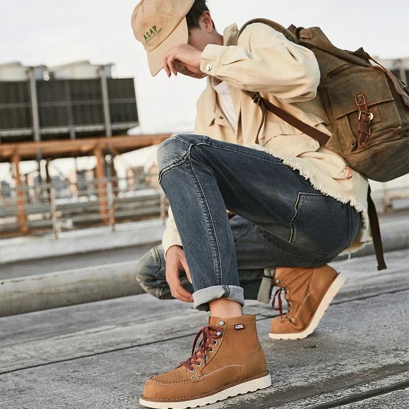 Fashion Large Yellow Ankle Boots For Men's Lace Up Anti Slip Work Clothes Boots Genuine Leather Warm Shoes Combat Boots 2024 Retro Style