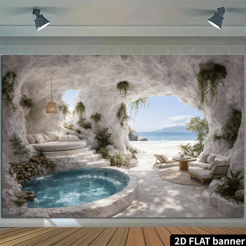 2D flat white cave-themed seascape backdrop suitable for living rooms bedrooms live streaming studios and guesthouse