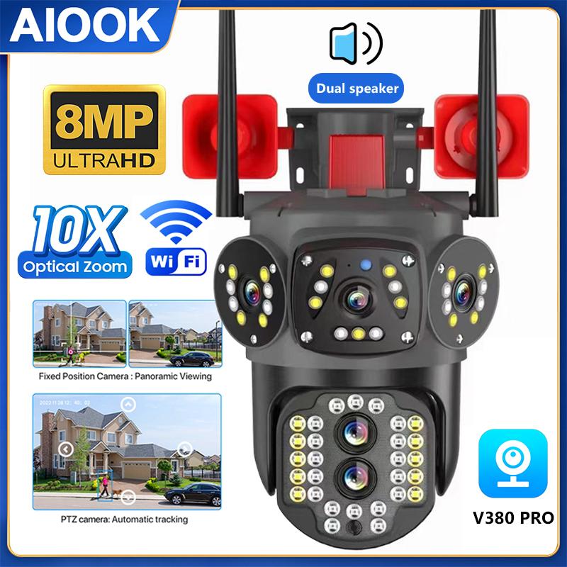 

AIOOK Outdoor Security Camera HD 8MP 3 Screen PTZ WIFI IP Camera 2 Way Audio Intercom Waterproof Night Vision Motion Tracking Dual Speakers V380 PRO