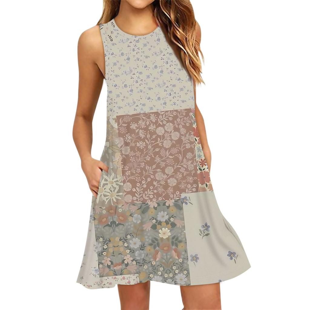 Women's Fashion Beach Dress Sleeveless Round Neck Texture Print Dress