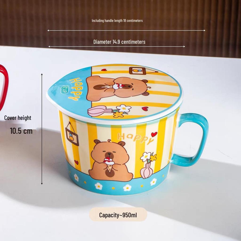 Cartoon Instant Noodle Bowl with Lid and Drain, Large Capacity, Cute Lunch Box for Students