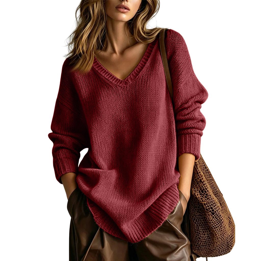 Women's Cozy V-Neck Knit Sweater Loose Fit Slimming Pullover Top
