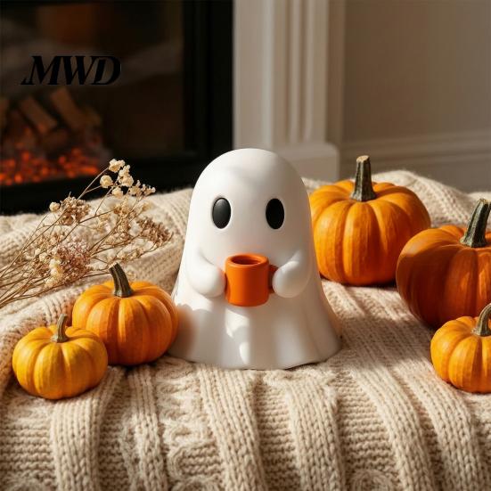 Modern Home Accents Ghost Drinking Coffee Figurine, 3D Printed Cute White Holding A Mug Figurine Statue, Spooky Halloween Decoration for Bars,
