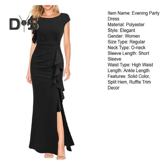 Women Summer O Neck Short Sleeve Gown Dress High Waist Side Ruffle Decor Split Hem Slim Fit Hip Wrapped Evening Party Dress