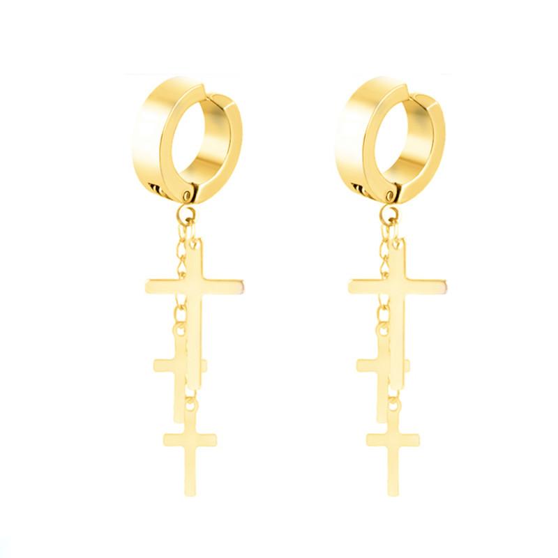 WKOUD 2PCS Stainless Steel No Piercing Cross For Men Kpop Clip On Cross Earring Gothic Punk Fake Ear Cuff Cross Earring Dangle