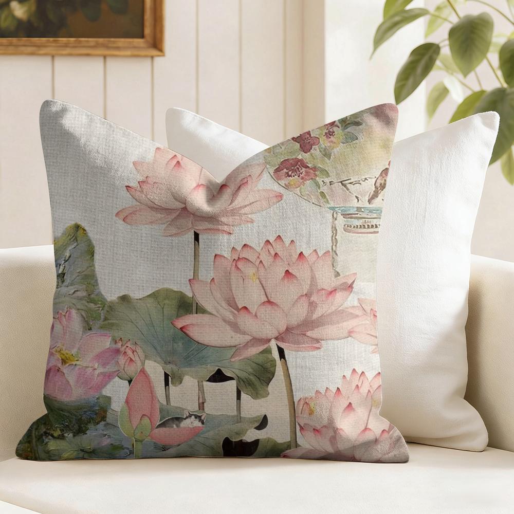 Beauty Lotus Cushion Cover Natural Linen Pillow Cover DoubleSided Print Cushion Cover for Sofa Home Decor