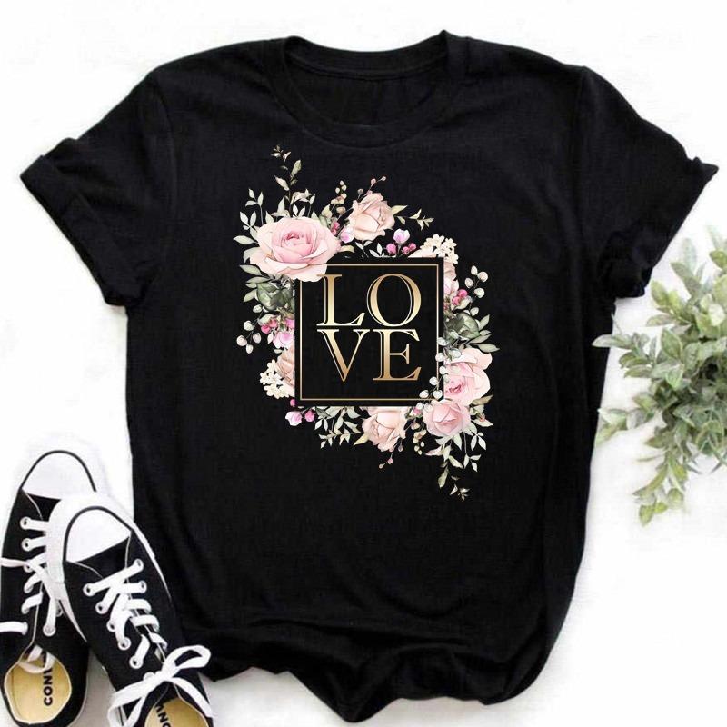Women's T-shirt Flower Love T-shirt Women's Fashion Clothing Cartoon Clothing Short Sleeve Women's T-shirt Valentine's Day T-shirt