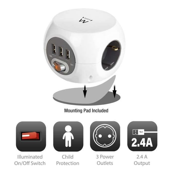 Ewent EW3939 Multiprise 1,5 M 3 Sortie(s) CA Intérieur Blanc