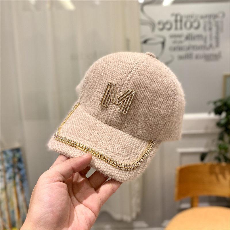 Hat Autumn and Winter, Suitable for Round Face Plush Rhinestone Baseball Cap Ins Trendy Brand Face Small Versatile Cap