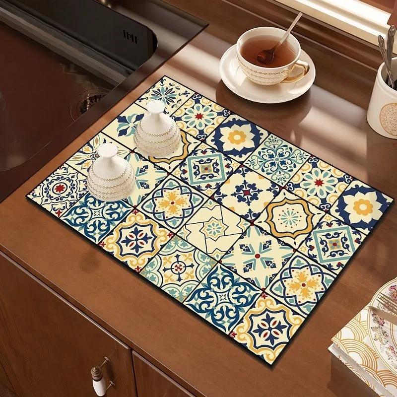 Super Absorbent Mat Vintage Mosaic Geometric Pattern Cushion Dish Drying Pad Kitchen Drainage Tableware Protector Rug