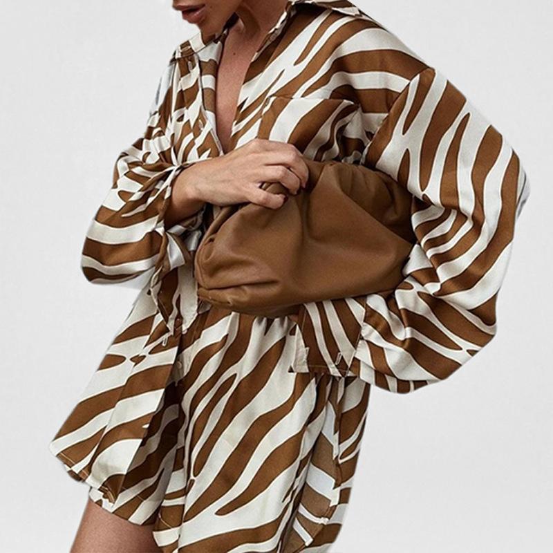 Women's Clothing, New Spring Models In Europe and America, Fashionable Striped Printed Shirt and Shorts Set, Two-piece Set.