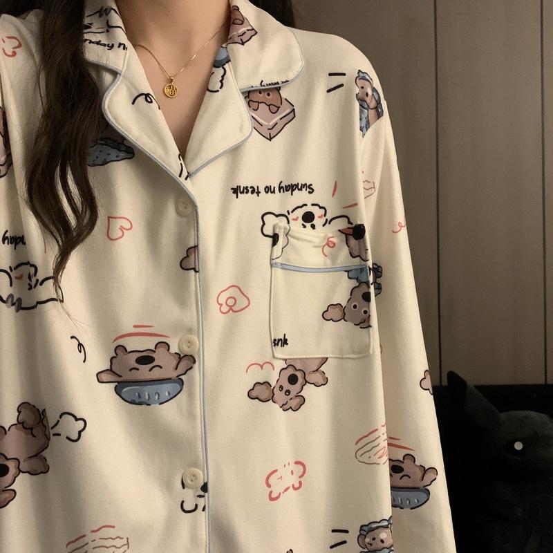 Pajamas female cute cartoon imitation cotton long-sleeved trousers casual cardigan girl raw loungewear two-piece set autumn and winter