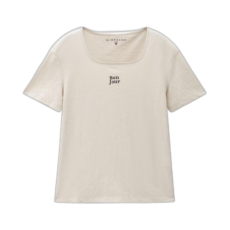 Giordano Women's Slub Cotton French Embroidery Square Neck Short Sleeve T-shirt