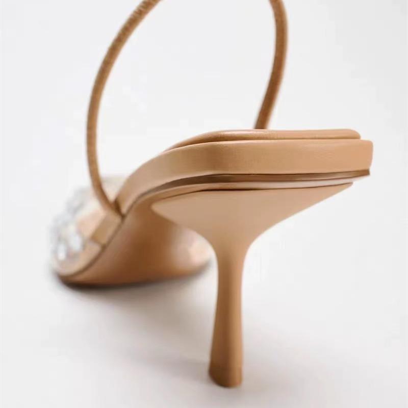Fashion Luxury Rhinestone Mesh Transparent PVC Women Sandals Summer New Pointed Toe Thin High Heels Fashion Designer Banquet Dress Shoes