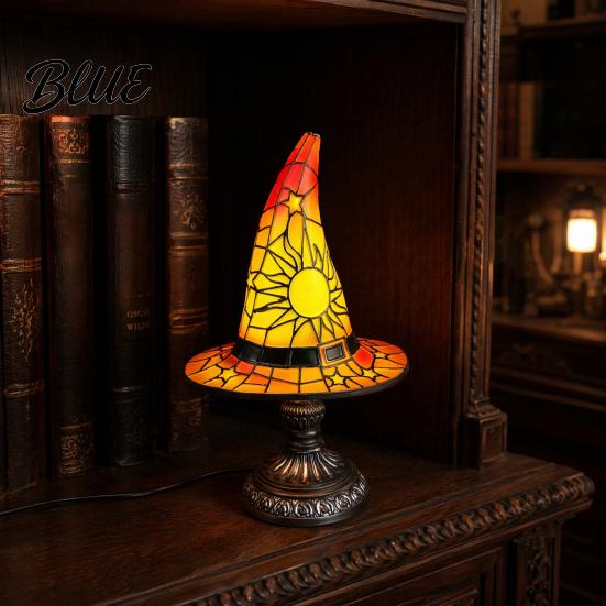 Handcrafted Witch Hat Ornament Stained Glass Lamp Table Lamp with Inline Switch USB Powered Decorative LED Desk Style Halloween for Bedroom