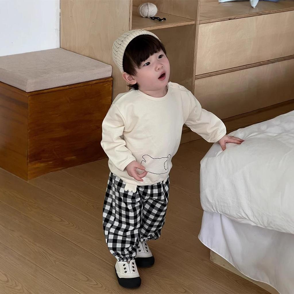 2025 Autumn Kids' Korean Style Boys' Printed Long-Sleeve T-Shirt & Plaid Pants Set