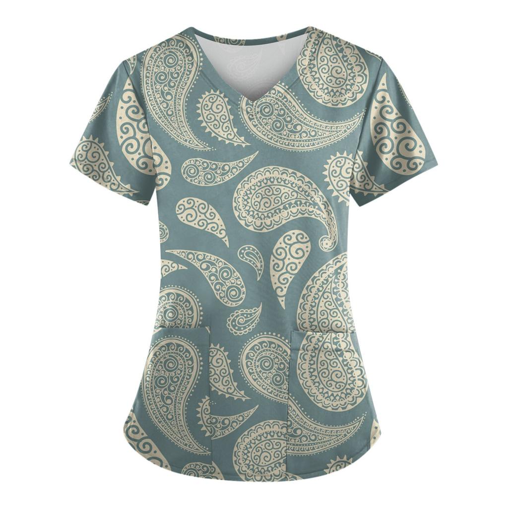 Women Fashion Spring And Summer Oil Painting Print V-neck Short Sleeve Workwear With Pockets Tops
