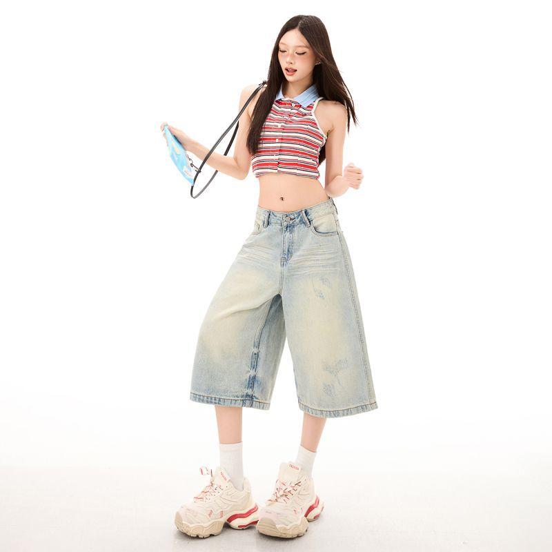 Fashion Summer Vintage Washed Relaxed Fit Loose Denim Cropped Capri Pants Trendy Versatile Slimming FigureFlattering Lazy Style