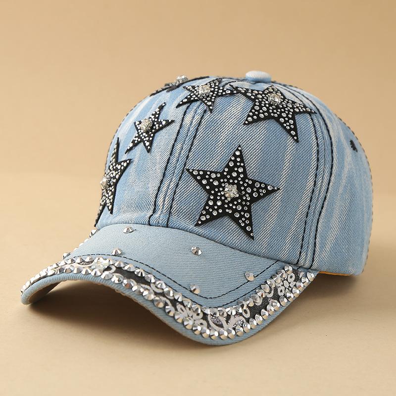 Shiny Rhinestone Cowboy Baseball Cap, Decorated With Glittering Crystal Stars / Heart-Shaped Embellishments. Adjustable Casual S