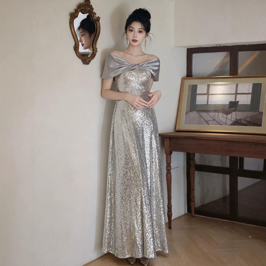 Silver evening dress 1011 new high-end adult important occasion host graduation shoulder banquet dress