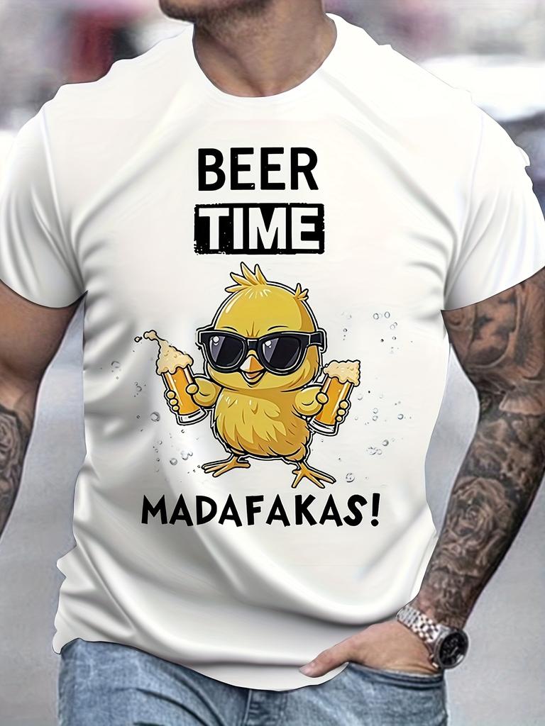 Funny men drinking chicken graphic t-shirt | black with white print and "beer time" slogan, casual round neck short sleeve summer t-shirt