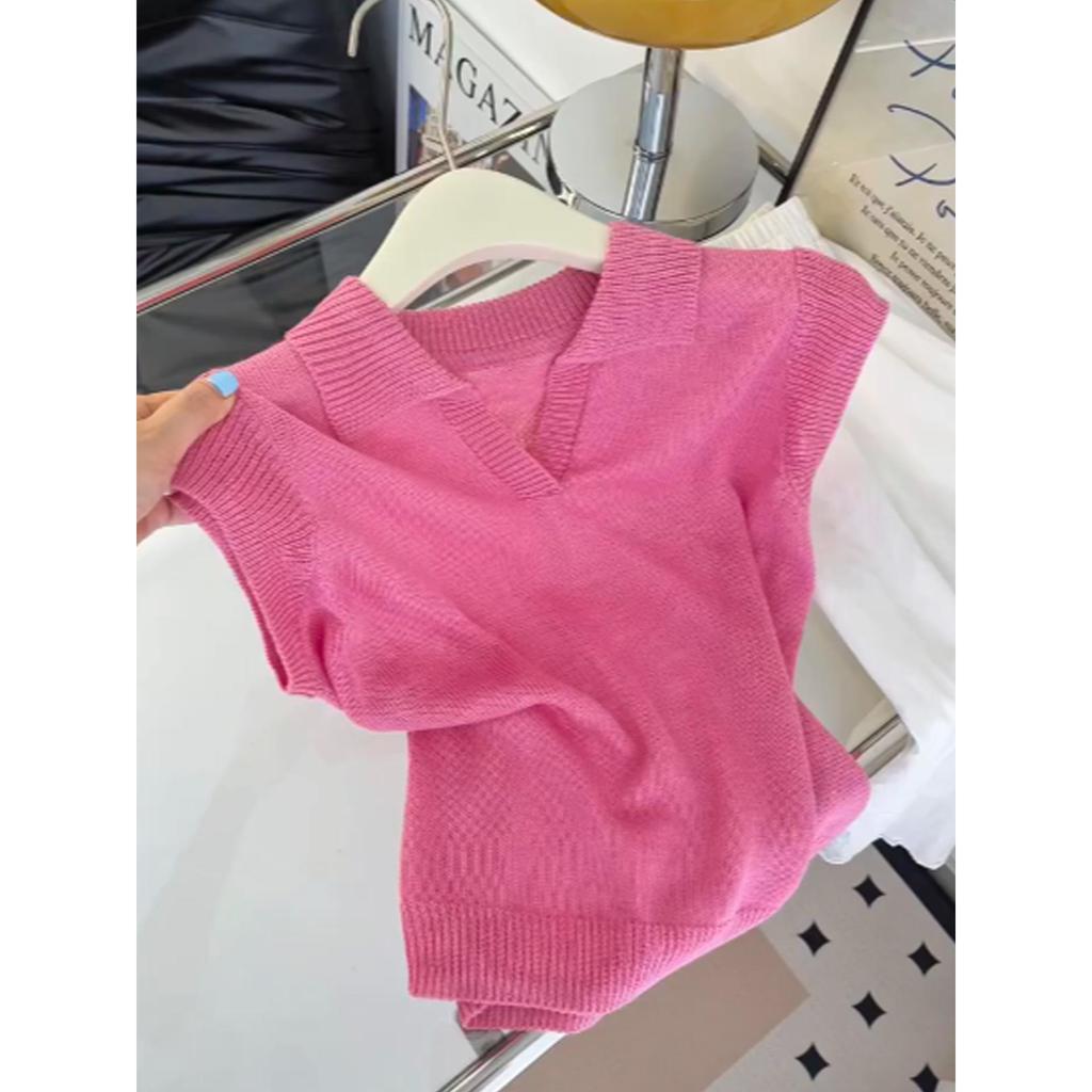 Summer Women's Collar Knitted T-shirt Short Sleeved Design Top