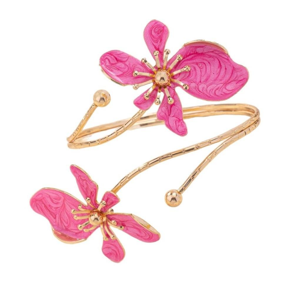 New Gold Color Floral Open Cuff Armlet Metal Enamel Glaze Craft Open Arm Ring Flower Cuff Bracelet Gifts