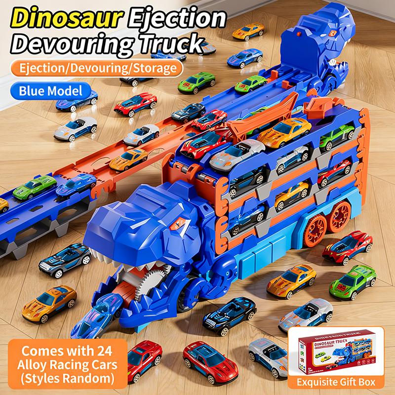 Edukacyjna ciężarówka do przechowywania dinozaurów: 24 Auta ze Stopu z Torami Wyrzutowymi – Uczą Organizacji i Rozwijają Motorykę Małą