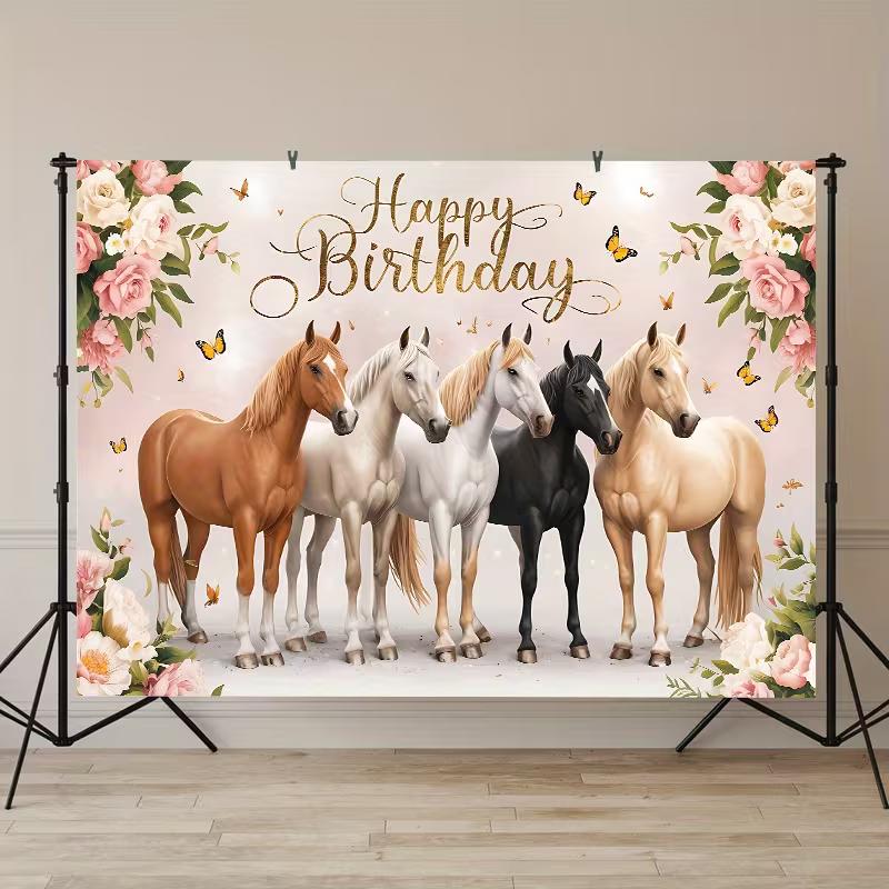 2D Rosa Blumiges Pferd Geburtstagsbanner, Reitsport-Thema Partydekoration Hintergrund