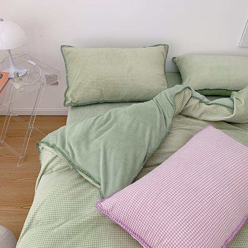 Thickened Milk Fleece Nordic Simple Small Thousand Bird Grid Bed Four-Piece Coral Fleece 1.5M 1.8 Double-Sided