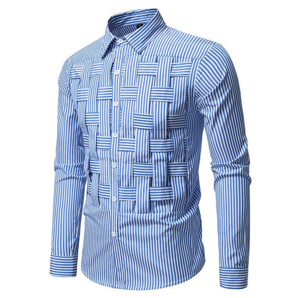 Men's Casual Solid-color Long-sleeved Shirt, Men's Button-style Striped Woven Stand-up Collar Shirt