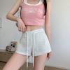 Women Summer Sports Solid Color Drawstring Breathable Elastic High-Waisted Wide-Leg Casual Shorts Pants