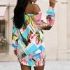 Women Plus Size Off Shoulder Long Sleeve Abstract Print Blue Pink White Tunic Dress