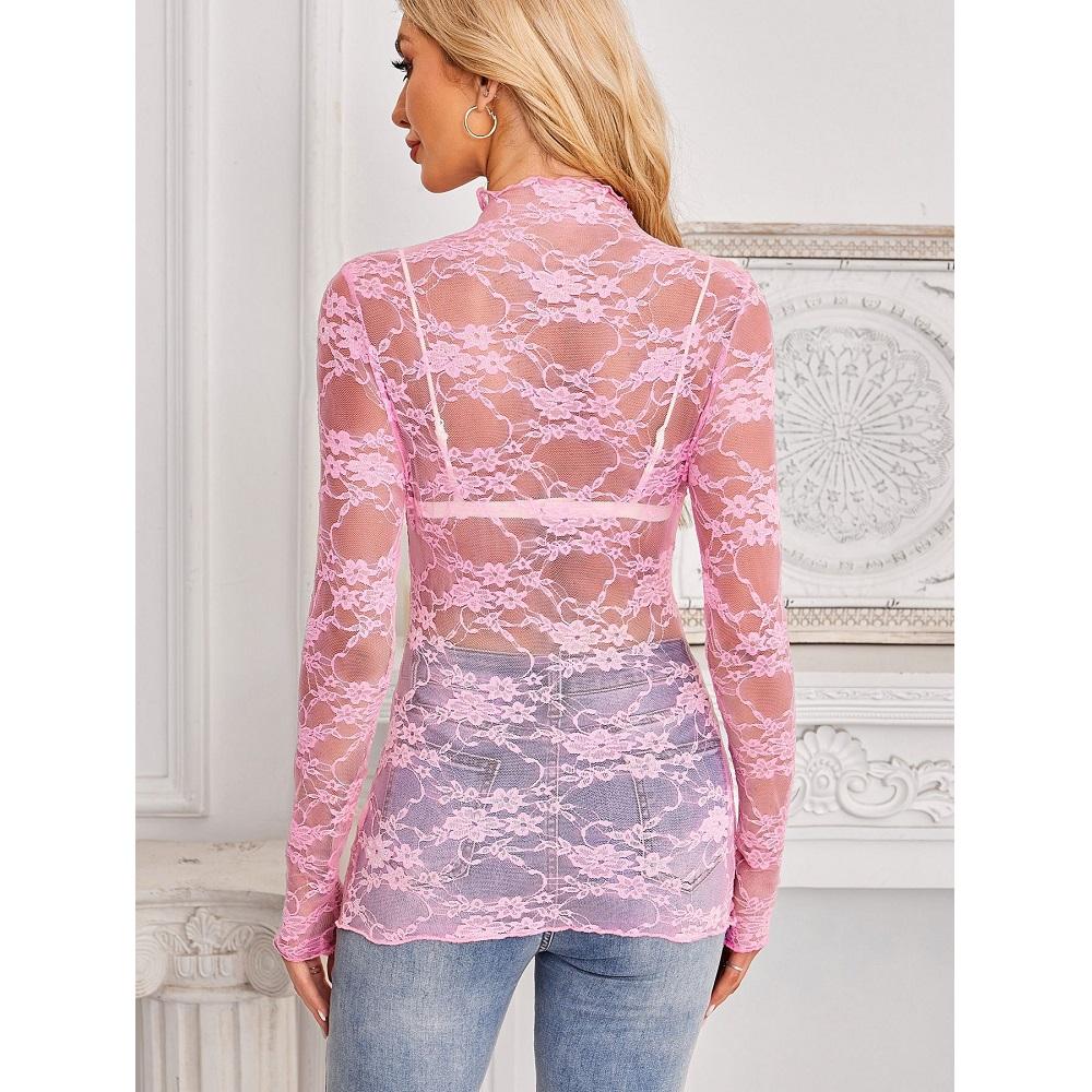 Dámské síťované průhledné krajkové topy s výstřihem do O-kroju a dlouhým rukávem, dámské slim fit květinové výšivkové topy, dámská trička