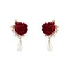 Retro Hong Kong Style Autumn and Winter Burgundy Black Velvet Rose Pearl Earrings Temperament Earrings 1111 New Trend