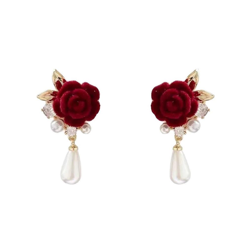 Retro Hong Kong Style Autumn and Winter Burgundy Black Velvet Rose Pearl Earrings Temperament Earrings 1111 New Trend