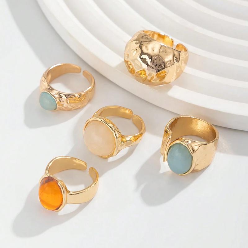 Vintage Chic Geometric Stone Inlaid Ring Set for Women Simple Chunky Gold Color Geometric Rings Daily Wear Party Jewelry Gifts